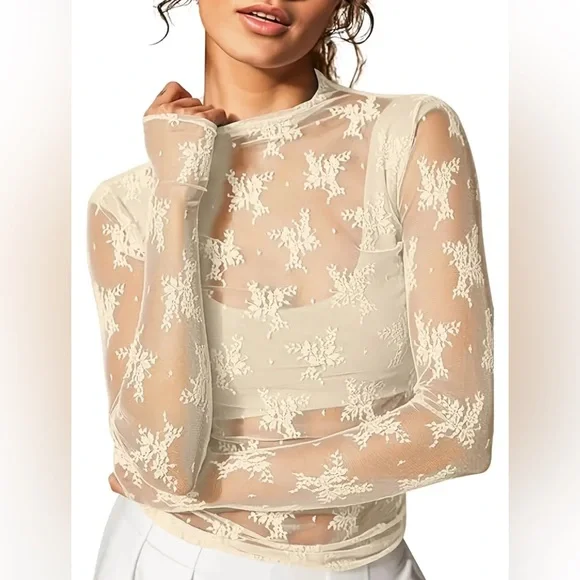 NEW ✨️$15 Elegant Cream Sheer Lace Top - Picture 2 of 3
